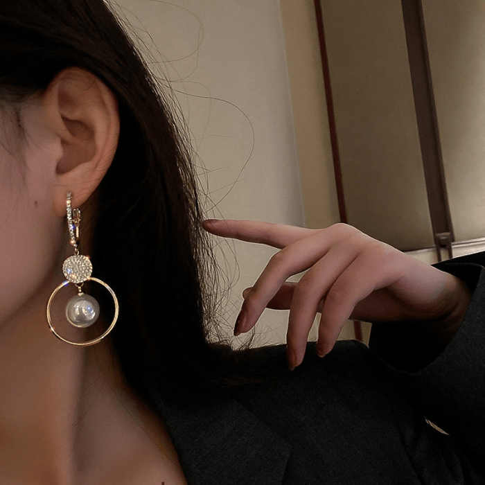 Sparkling Zircon Decor Faux Pearl Pendant Elegant Dangle Earrings Alloy 14K Gold Plated Jewelry Trendy Female Gift