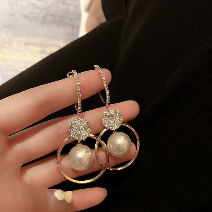 Sparkling Zircon Decor Faux Pearl Pendant Elegant Dangle Earrings Alloy 14K Gold Plated Jewelry Trendy Female Gift