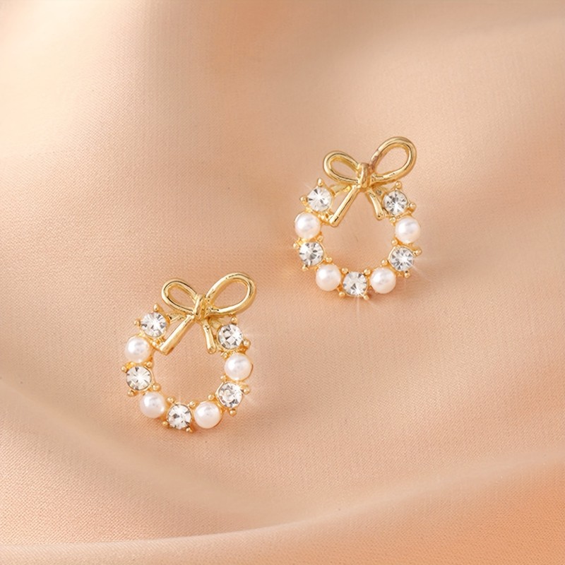 Tiny Hollow Bow With Imitation Pearl Round Design Stud Earrings Alloy Jewelry Vintage Elegant Style For Women Gift