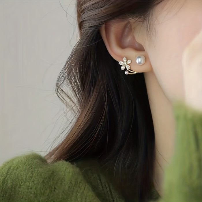 1pc, Sparkling Golden Floral Stud Earrings with Pearl Rhinestones - Perfect Gift for Women, Girls, and Special Occasions