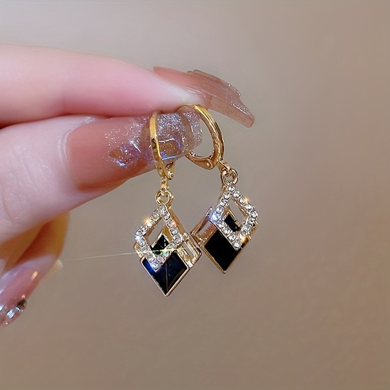 Double Rhombus Shape Shiny Zircon Inlaid Dangle Earrings Elegant Simple Style Zinc Alloy Jewelry Daily Casual