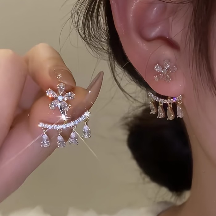 Shiny Delicate Stud Earrings Ear Jacket Zinc Alloy Jewelry Embellished With Pretty Rhinestones Elegant Korean Style Female Gift