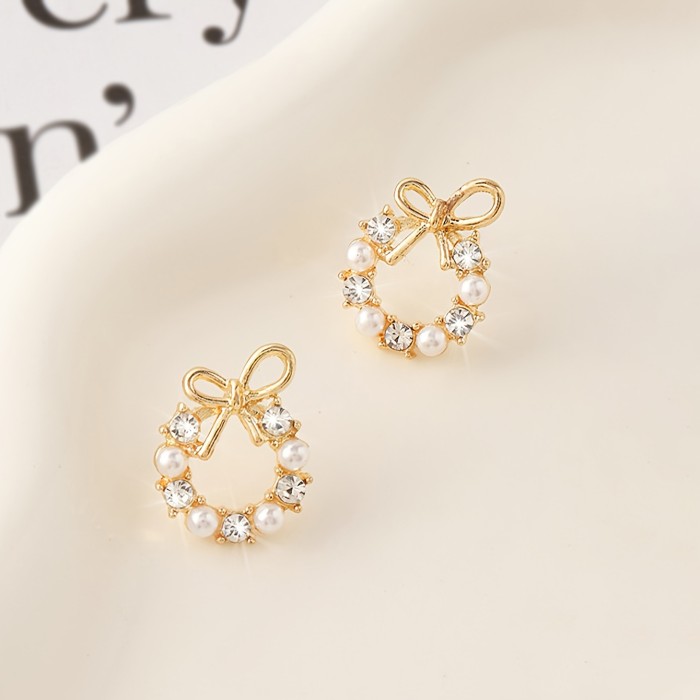 Tiny Hollow Bow With Imitation Pearl Round Design Stud Earrings Alloy Jewelry Vintage Elegant Style For Women Gift