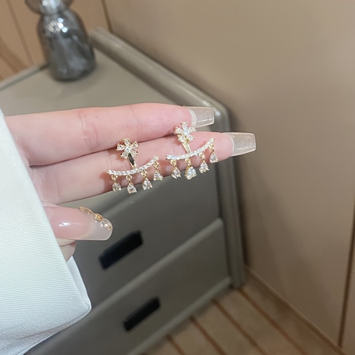 Shiny Delicate Stud Earrings Ear Jacket Zinc Alloy Jewelry Embellished With Pretty Rhinestones Elegant Korean Style Female Gift