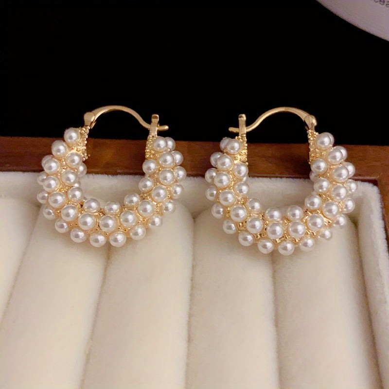 French Elegant Luxury Style Inlaid Faux Pearl Ear Buckle French Vintage Ring Hoop Earrings Leverback Earrings Ear Jewelry Gifts For Banquet Wedding