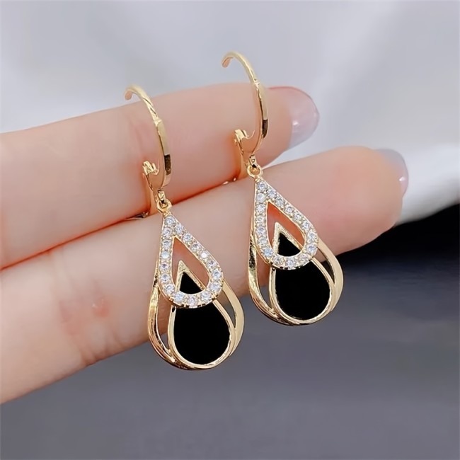 Fashion Black Hollow Double Layer Water Drop Earrings New Niche Design Temperament Earrings, Valentine's Day Gift