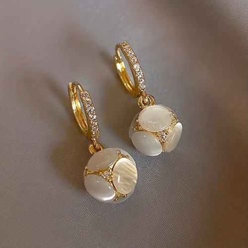 Exquisite Ball Design Moonstone Inlaid Dangle Earrings Elegant Luxury Style Copper Jewelry Delicate Female Gift