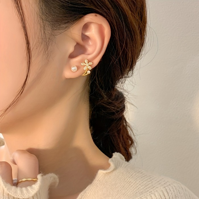 1pc, Sparkling Golden Floral Stud Earrings with Pearl Rhinestones - Perfect Gift for Women, Girls, and Special Occasions
