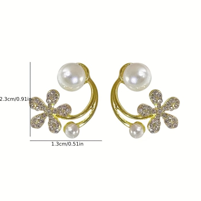 1pc, Sparkling Golden Floral Stud Earrings with Pearl Rhinestones - Perfect Gift for Women, Girls, and Special Occasions