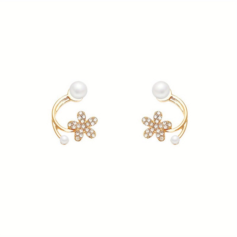 1pc, Sparkling Golden Floral Stud Earrings with Pearl Rhinestones - Perfect Gift for Women, Girls, and Special Occasions