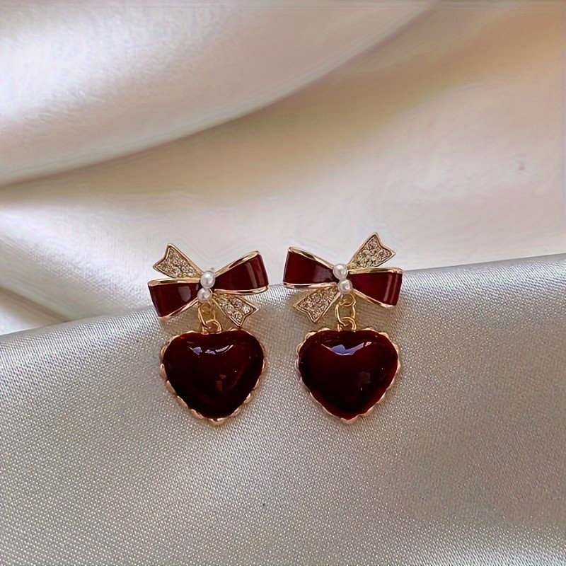 Red Enamel Heart With Bow Design Stud Earrings, Wine Red Heart Earrings, Ideal Choice For Gifts