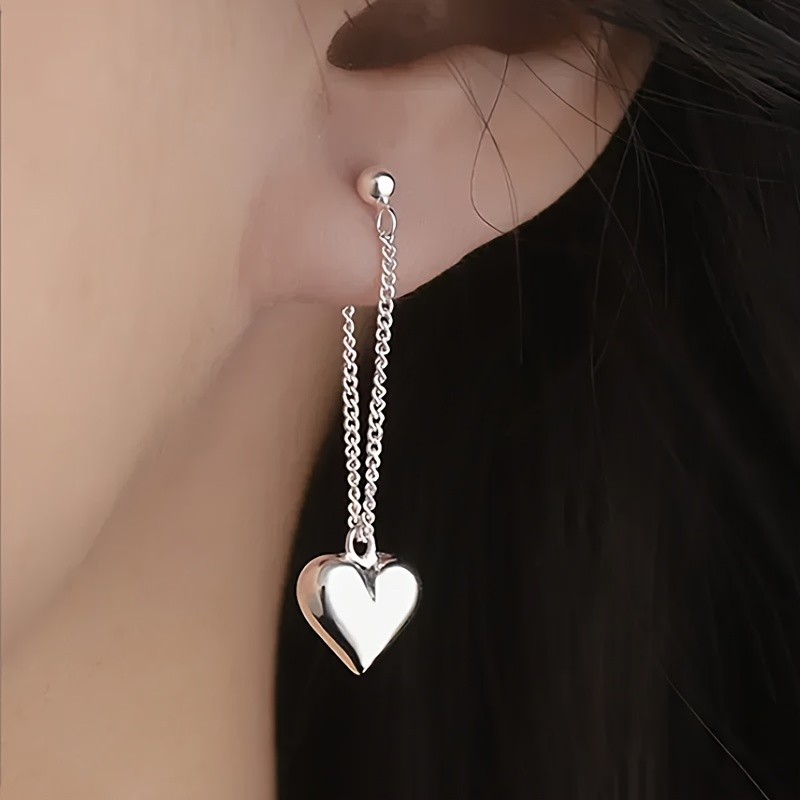 1 Pair Silvery Heart Chain Design Earrings, Hypoallergenic Party Accessories Gift, Heart Earrings