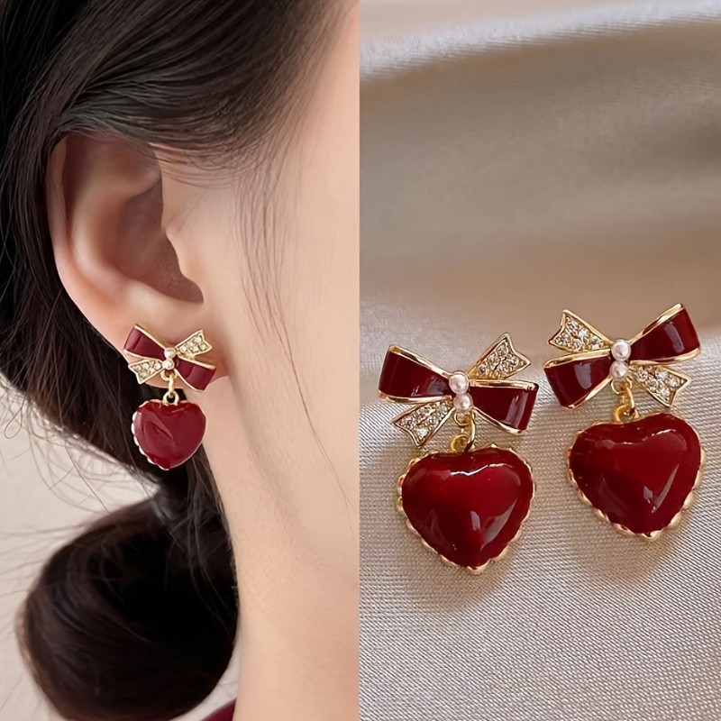 Red Enamel Heart With Bow Design Stud Earrings, Wine Red Heart Earrings, Ideal Choice For Gifts