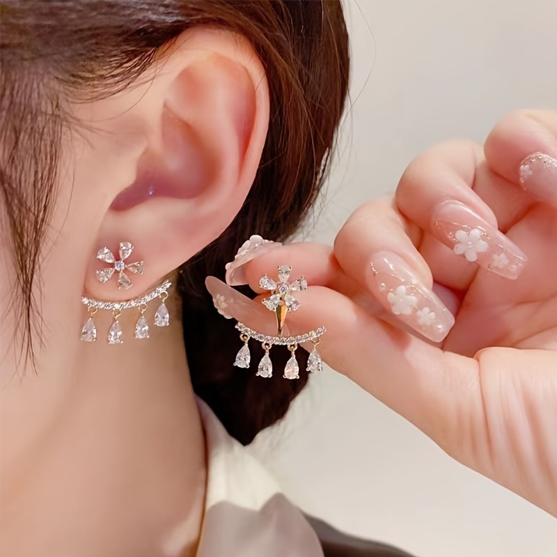 Shiny Delicate Stud Earrings Ear Jacket Zinc Alloy Jewelry Embellished With Pretty Rhinestones Elegant Korean Style Female Gift