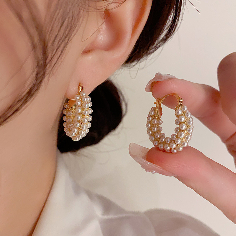 French Elegant Luxury Style Inlaid Faux Pearl Ear Buckle French Vintage Ring Hoop Earrings Leverback Earrings Ear Jewelry Gifts For Banquet Wedding