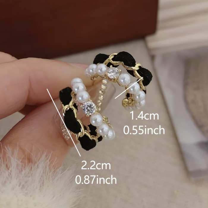 Creative Double Layer Design Hoop Earrings Zinc Alloy Jewelry Embellished With Imitation Pearl Black Velvet Design Delicate Female Earrings