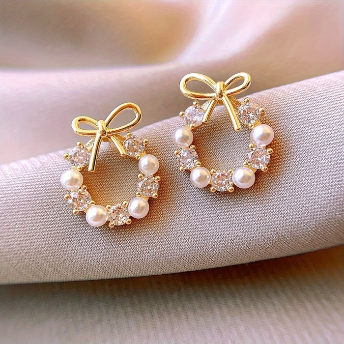 Tiny Hollow Bow With Imitation Pearl Round Design Stud Earrings Alloy Jewelry Vintage Elegant Style For Women Gift