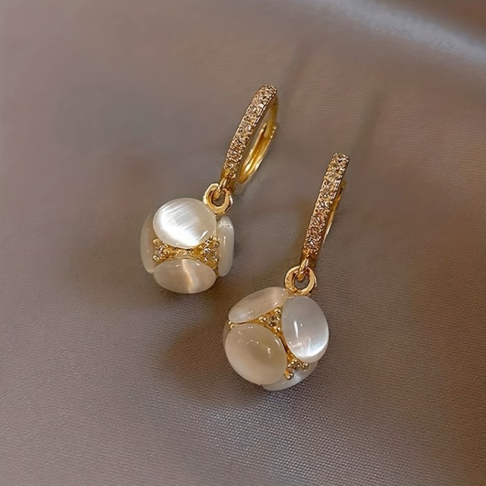 Exquisite Ball Design Moonstone Inlaid Dangle Earrings Elegant Luxury Style Copper Jewelry Delicate Female Gift