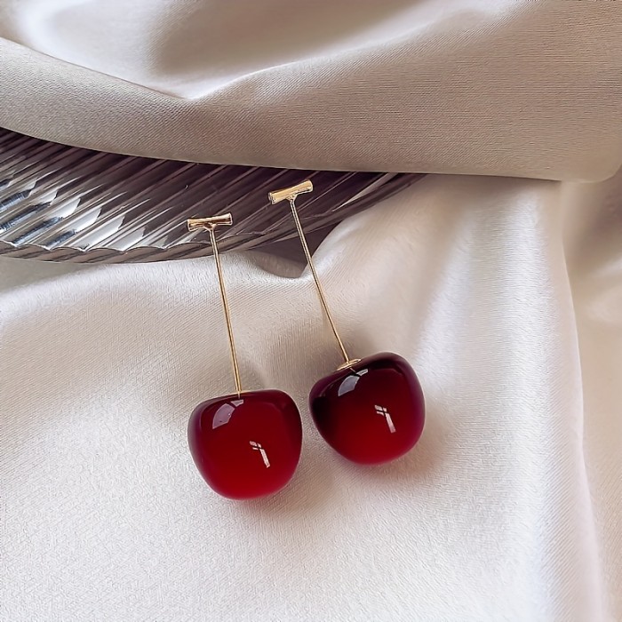 1pc, Fruit Cherry Drop Earrings, Red Fruit Fashion Jewelry, Size 0.83''x1.7''