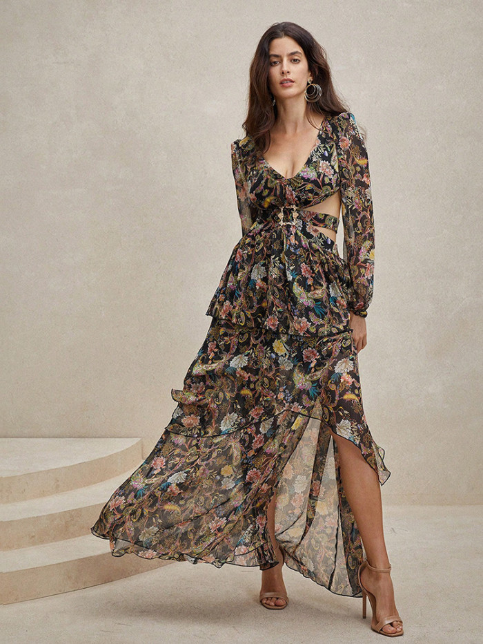 Hit Color Printing Slimming Dresses For Women V Neck Long Sleeve Backless High Waist Spliced Lace Up Sexy Dress Female New