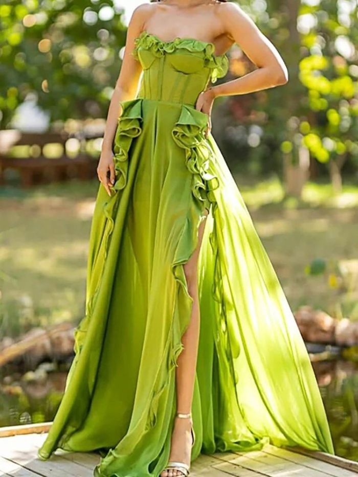 Women Slit Long Cocktail Dress Casual Ruffle Hem Strapless Green Chiffon Beach Dresses Elegant Lady Sleeveless Evening Dress