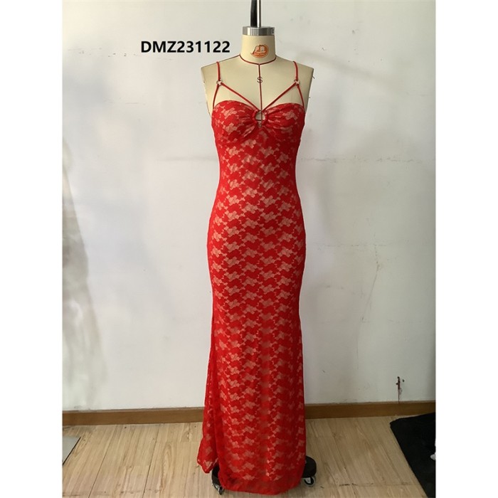 Red Lace Women Prom Dress Sleeveless Summer Long Formal Evening Party Gown Sexy Side Split Sheath Strap Banquet Robes