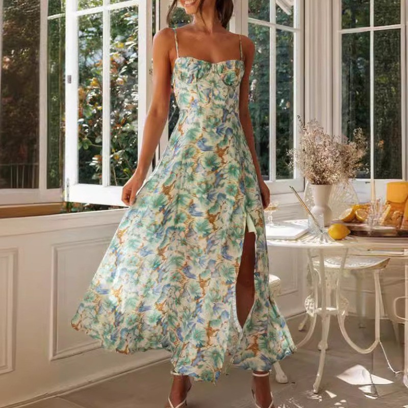 Elegant floral print Sling Dresses summer women dress 2024 new Sexy Backless Strapless high waisted Lace up hem split Maxi dress