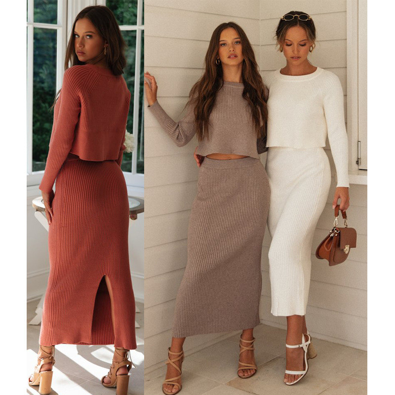 Knitted Skirt 2 Pieces Set Women Pullovers Sweater Crop Tops & Knitted Bodycon Skirts Suits Outfits Female Clothes