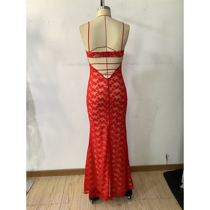 Red Lace Women Prom Dress Sleeveless Summer Long Formal Evening Party Gown Sexy Side Split Sheath Strap Banquet Robes