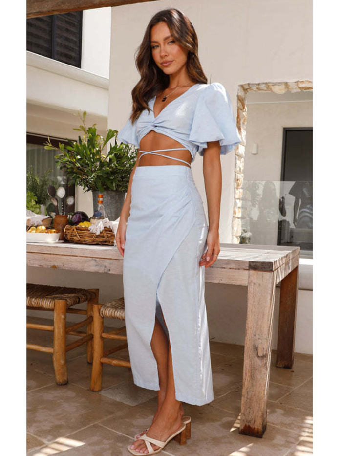 Blue Puff Sleeve Backless Cotton Summer Dress Set Women Crop Top Skirt 2pcs Matching Set Split Beach Midi Sexy Dress Boho 2024