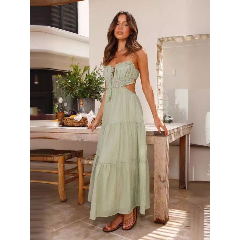 Women's newvCollar Sleeveless Solid Color Stitching Big Swing Long Dress