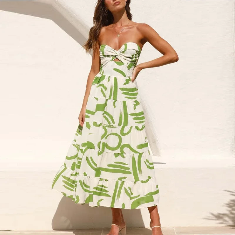 Sexy Bra Dresses for Summer Women's Dress 2024 New V-neck Backless Elastic High Waist Hollow Out Twisted floral print Sexy Dress