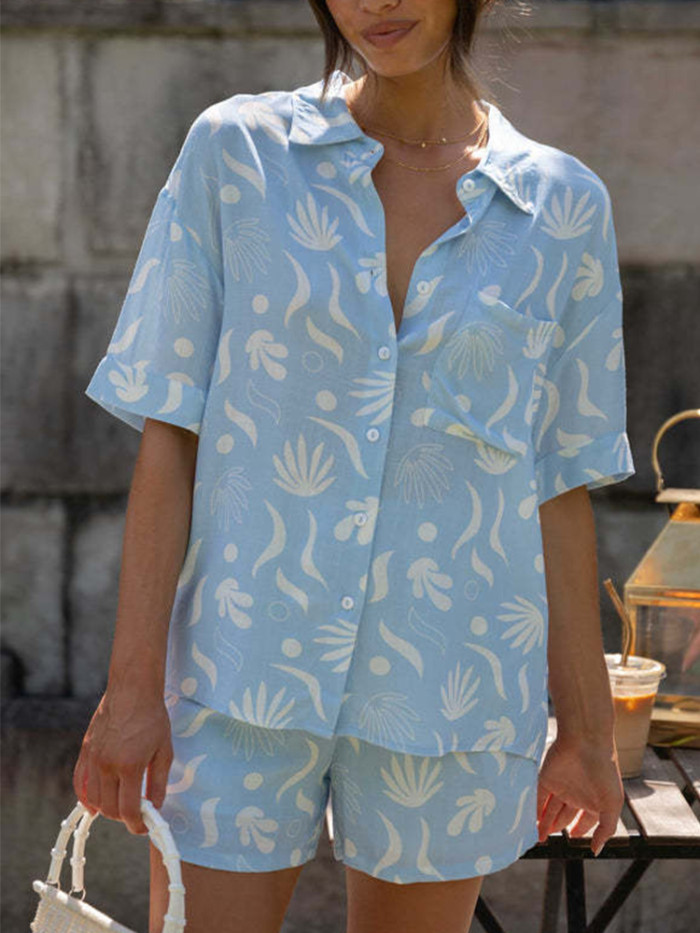 Hand-Painted Pockets Shirt Shorts Set Turn Down Collar Summer Elastic Waist Printed Oversize Loose Single Breasted Suit