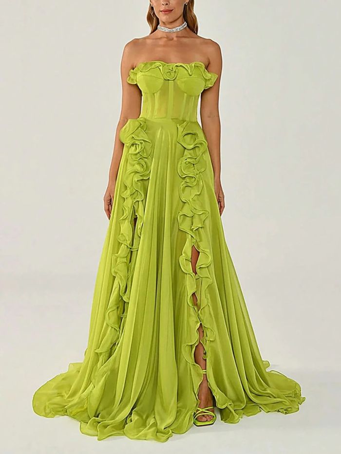 Women Slit Long Cocktail Dress Casual Ruffle Hem Strapless Green Chiffon Beach Dresses Elegant Lady Sleeveless Evening Dress