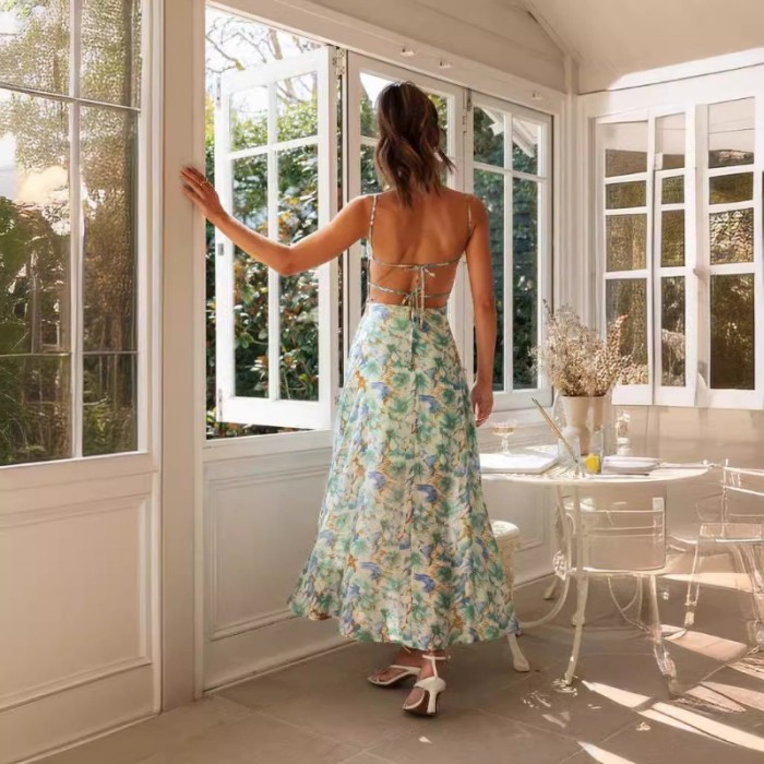 Elegant floral print Sling Dresses summer women dress 2024 new Sexy Backless Strapless high waisted Lace up hem split Maxi dress