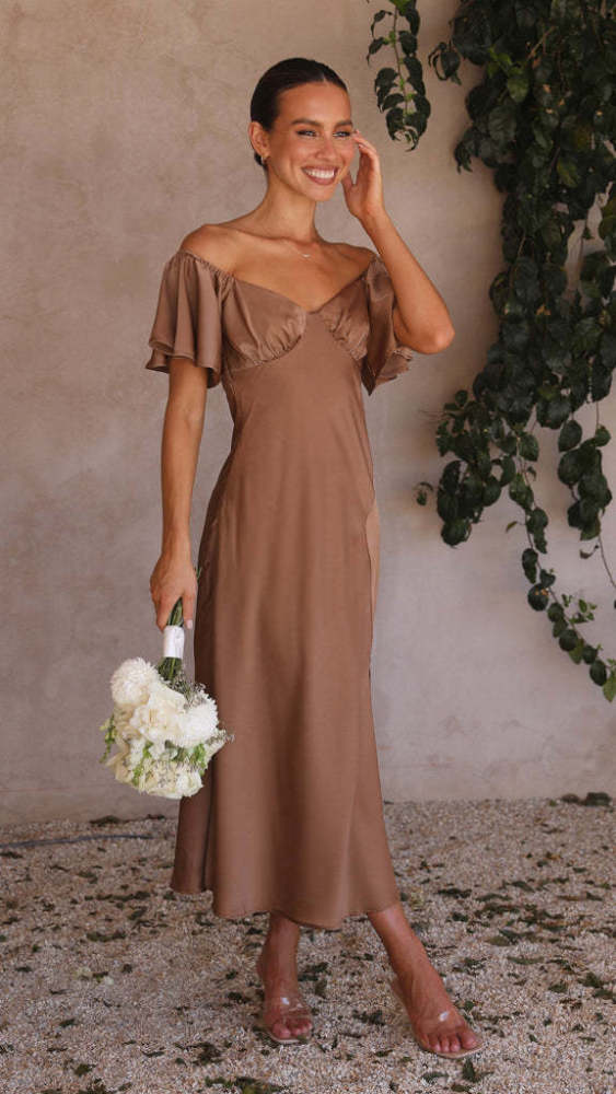 Skinny Sexy Bra Maxi Split Dresses for Summer Women's Dress Elegant Short Ruffle Sleeves Sexy Open Back V-neck High Waist Dress