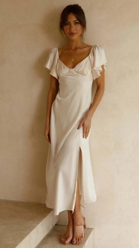 Skinny Sexy Bra Maxi Split Dresses for Summer Women's Dress Elegant Short Ruffle Sleeves Sexy Open Back V-neck High Waist Dress