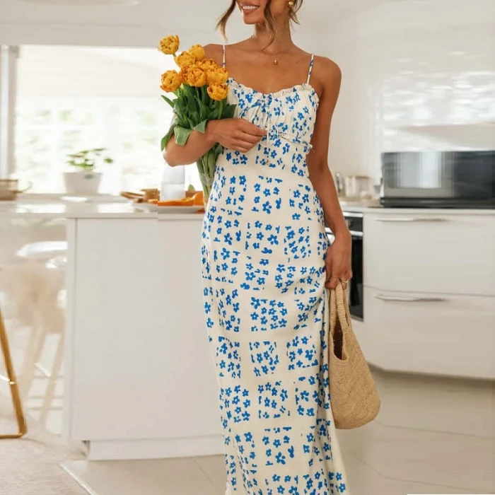 Elegant floral print strap Dresses for Women's Dress with Zipper 2024 New Sexy Backless Slim High Waist V-neck Print Maxi Dress