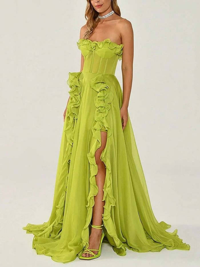 Women Slit Long Cocktail Dress Casual Ruffle Hem Strapless Green Chiffon Beach Dresses Elegant Lady Sleeveless Evening Dress