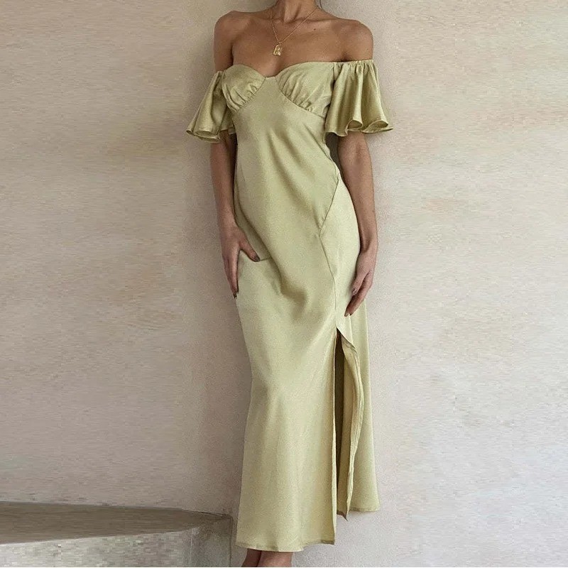 Skinny Sexy Bra Maxi Split Dresses for Summer Women's Dress Elegant Short Ruffle Sleeves Sexy Open Back V-neck High Waist Dress