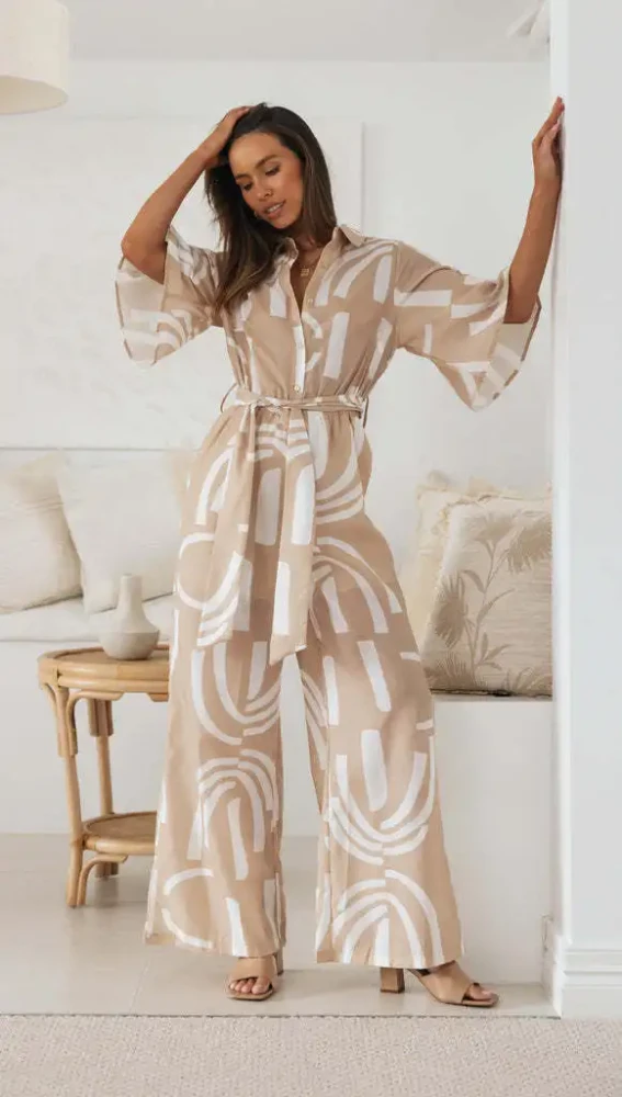Overalls Women 2023 Summer New Jumpsuit Mid Waist Abstract Print Lace Up Office Lady Rompers Elegant One Piece Trousers