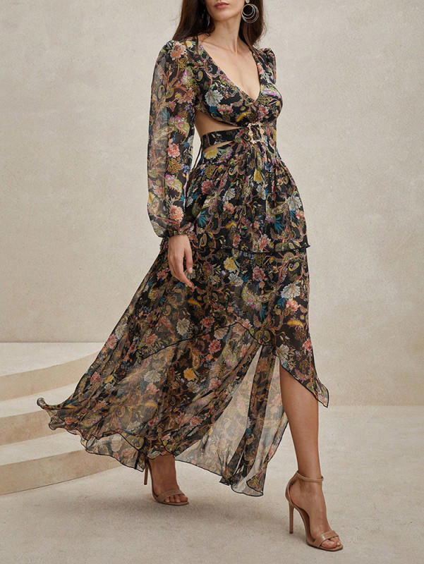 Hit Color Printing Slimming Dresses For Women V Neck Long Sleeve Backless High Waist Spliced Lace Up Sexy Dress Female New