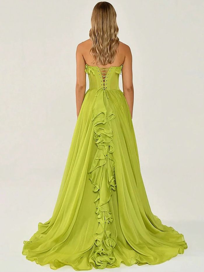 Women Slit Long Cocktail Dress Casual Ruffle Hem Strapless Green Chiffon Beach Dresses Elegant Lady Sleeveless Evening Dress