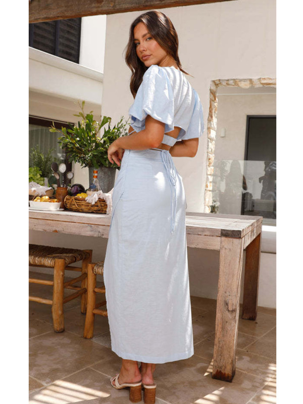 Blue Puff Sleeve Backless Cotton Summer Dress Set Women Crop Top Skirt 2pcs Matching Set Split Beach Midi Sexy Dress Boho 2024