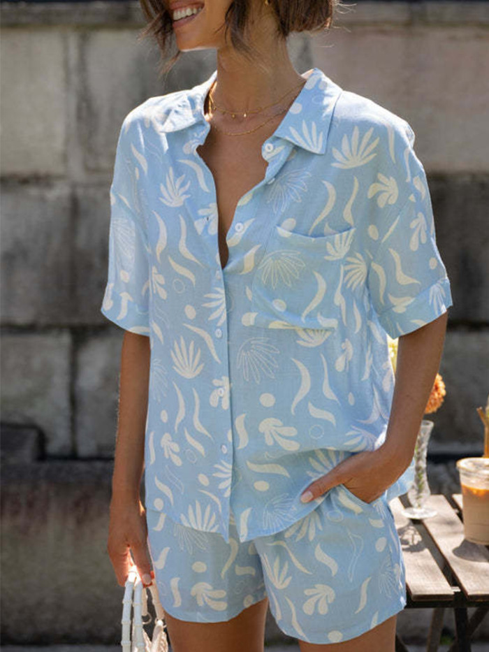 Hand-Painted Pockets Shirt Shorts Set Turn Down Collar Summer Elastic Waist Printed Oversize Loose Single Breasted Suit