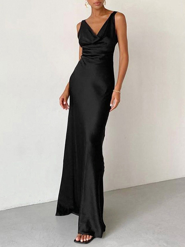 Bodycon High Waisted Solid Color V-Neck Maxi Dresses