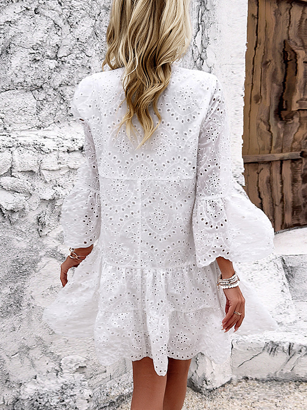 Flared Sleeves Long Sleeves Hollow Pleated Solid Color Split-Joint V-Neck Mini Dresses