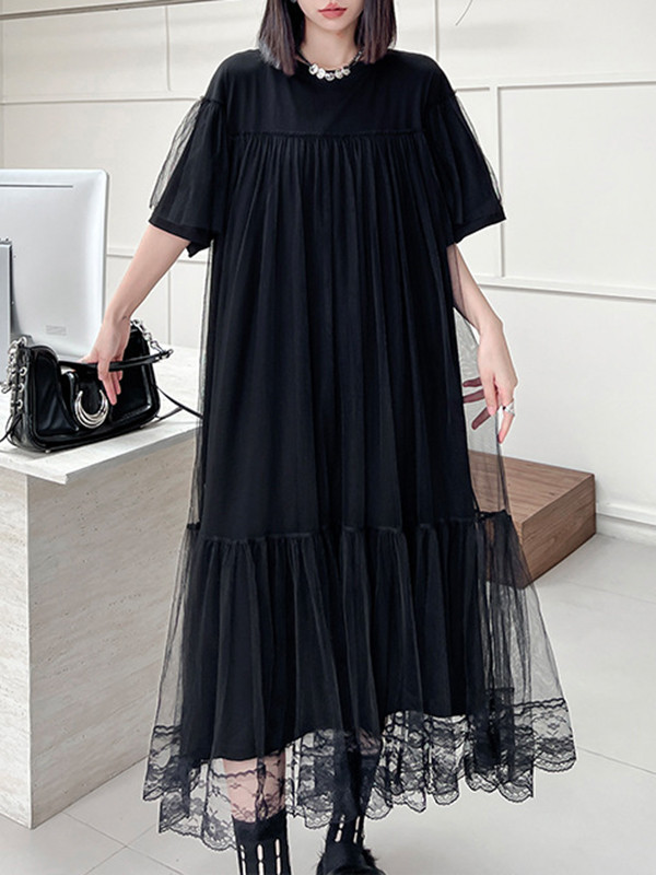 Fake Two-Piece Loose Gauze Pleated Solid Color Split-Joint Tiered Round-Neck Midi Dresses