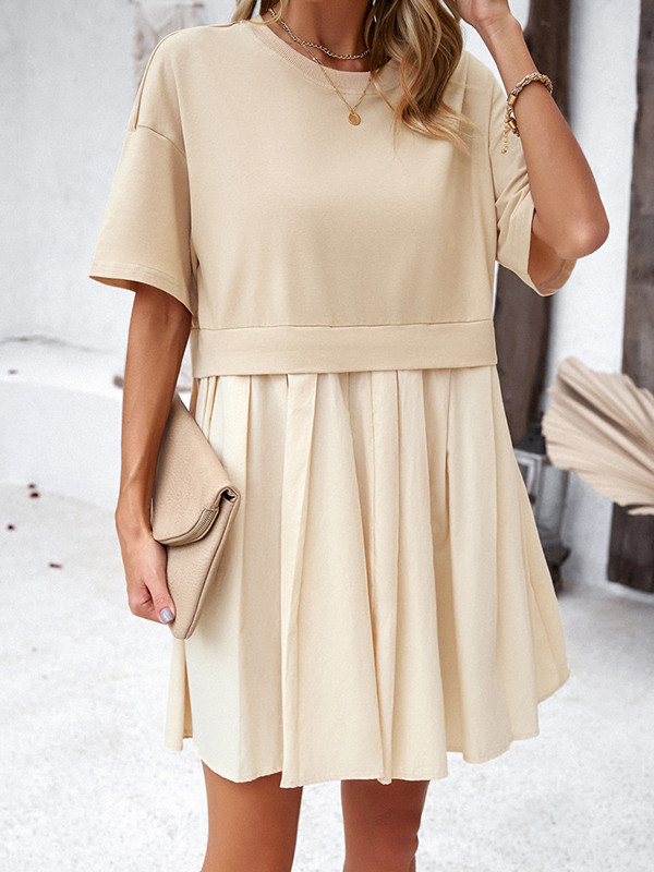 A-Line Half Sleeves Contrast Color Pleated Split-Joint Round-Neck Mini Dresses