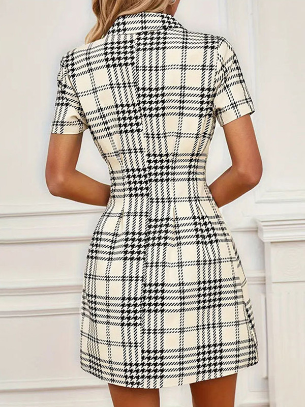 High Waisted Short Sleeves Buttoned Contrast Color Plaid Pleated Lapel Mini Dresses Shirt Dress